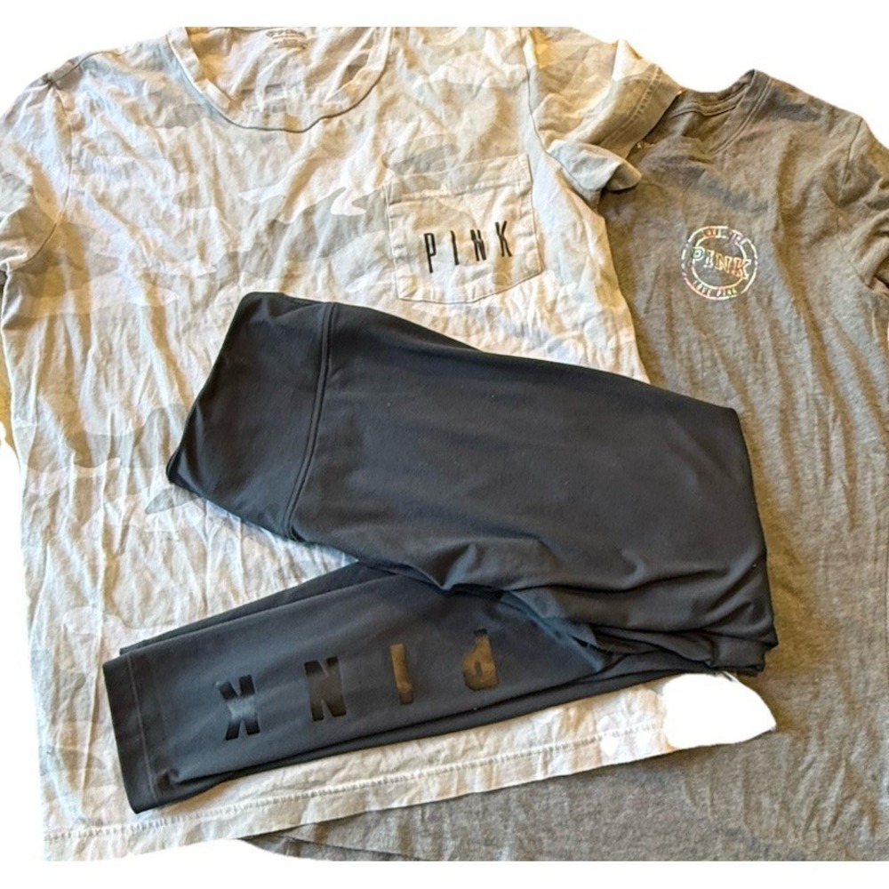 Lot Of 3 VICTORIA'S SECRET - Cozy Lined Leggings, Camo Pocket Tee & Foil Logo M